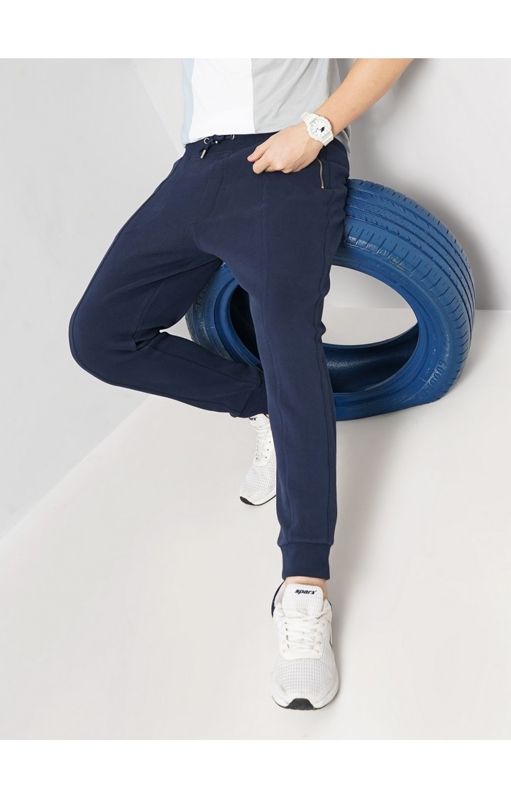 Celio Men Navy Blue Solid Loose Fit Cotton Pique Knitted Jogger Casual Trousers