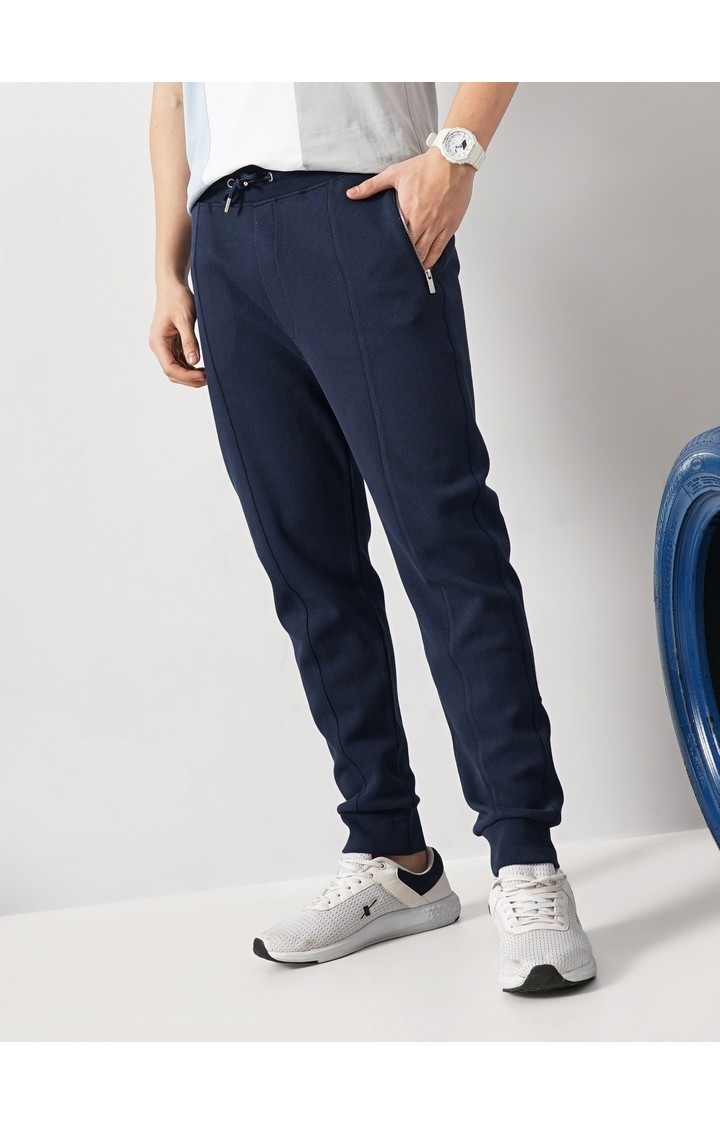 Celio Men Navy Blue Solid Loose Fit Cotton Pique Knitted Jogger Casual Trousers