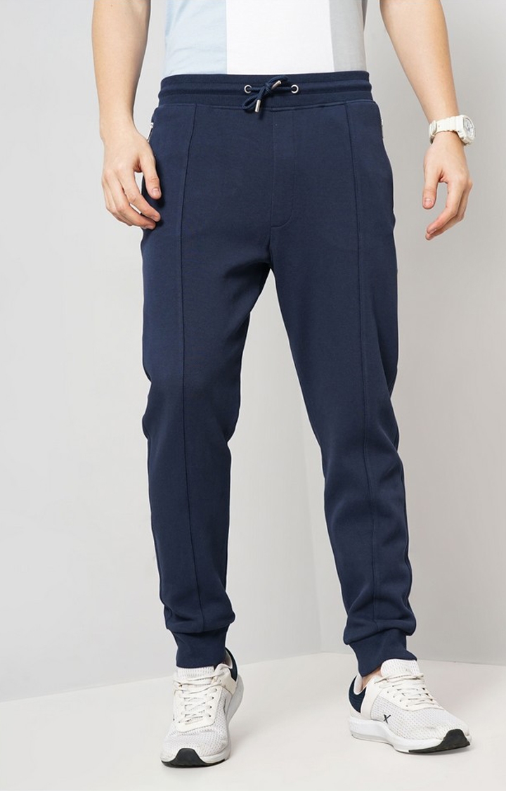 celio | Celio Men Navy Blue Solid Loose Fit Cotton Pique Knitted Jogger Casual Trousers