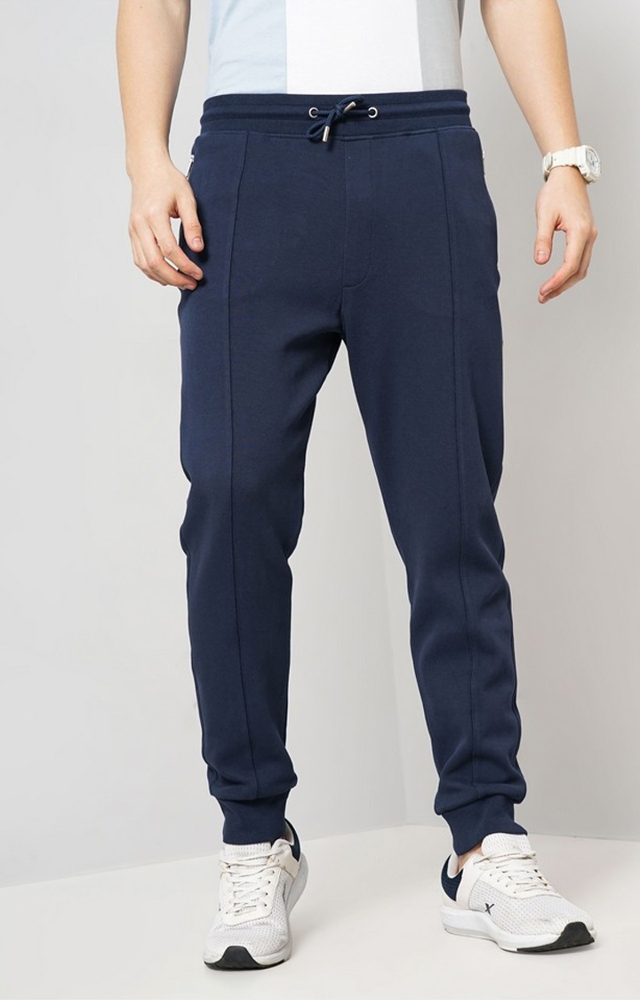 Celio Men Navy Blue Solid Loose Fit Cotton Pique Knitted Jogger Casual Trousers