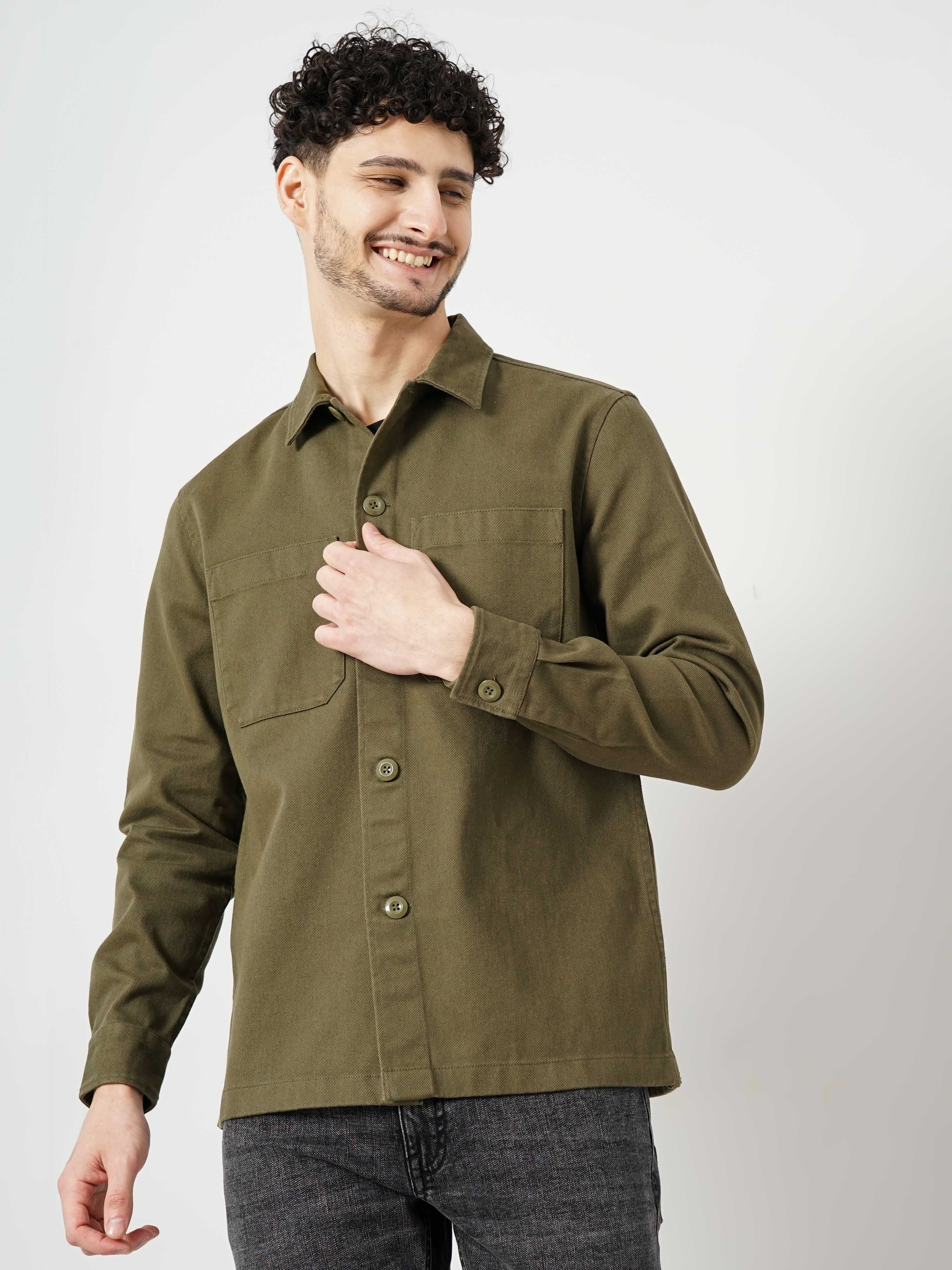 celio | Celio Men Khaki Solid Oversized Cotton Casual Shirt