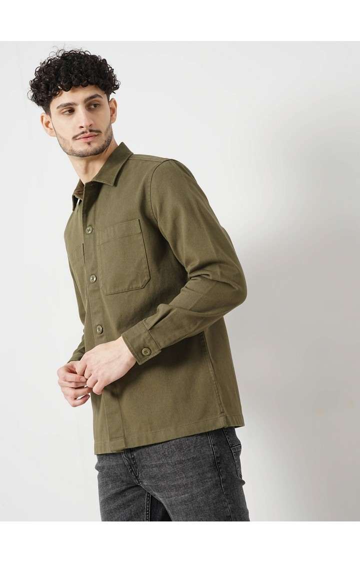 Celio Men Khaki Solid Oversized Cotton Casual Shirt