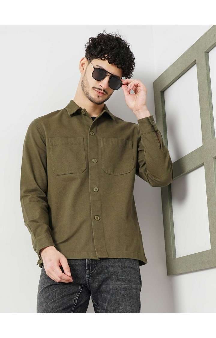 Celio Men Khaki Solid Oversized Cotton Casual Shirt