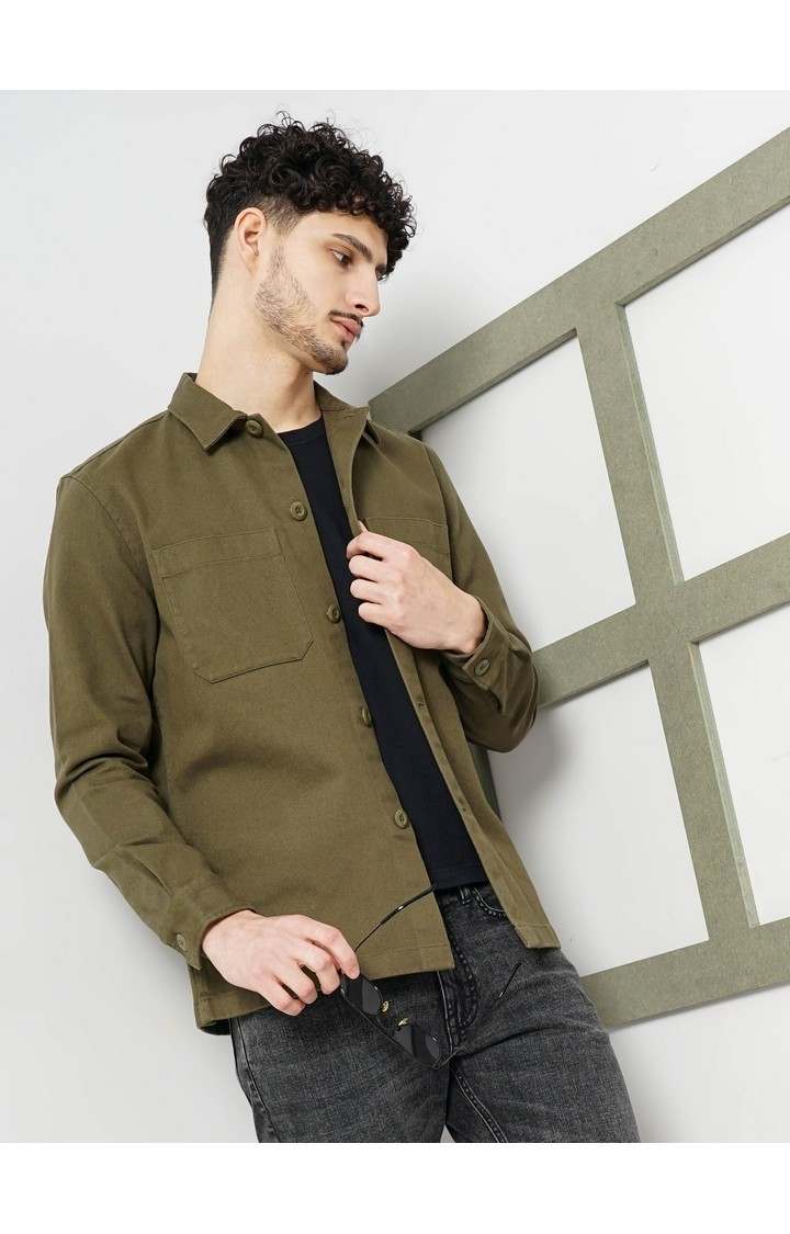 Celio Men Khaki Solid Oversized Cotton Casual Shirt