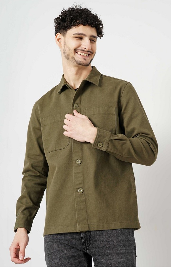 Celio Men Khaki Solid Oversized Cotton Casual Shirt