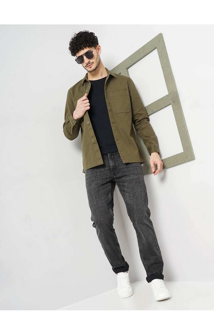 Celio Men Khaki Solid Oversized Cotton Casual Shirt
