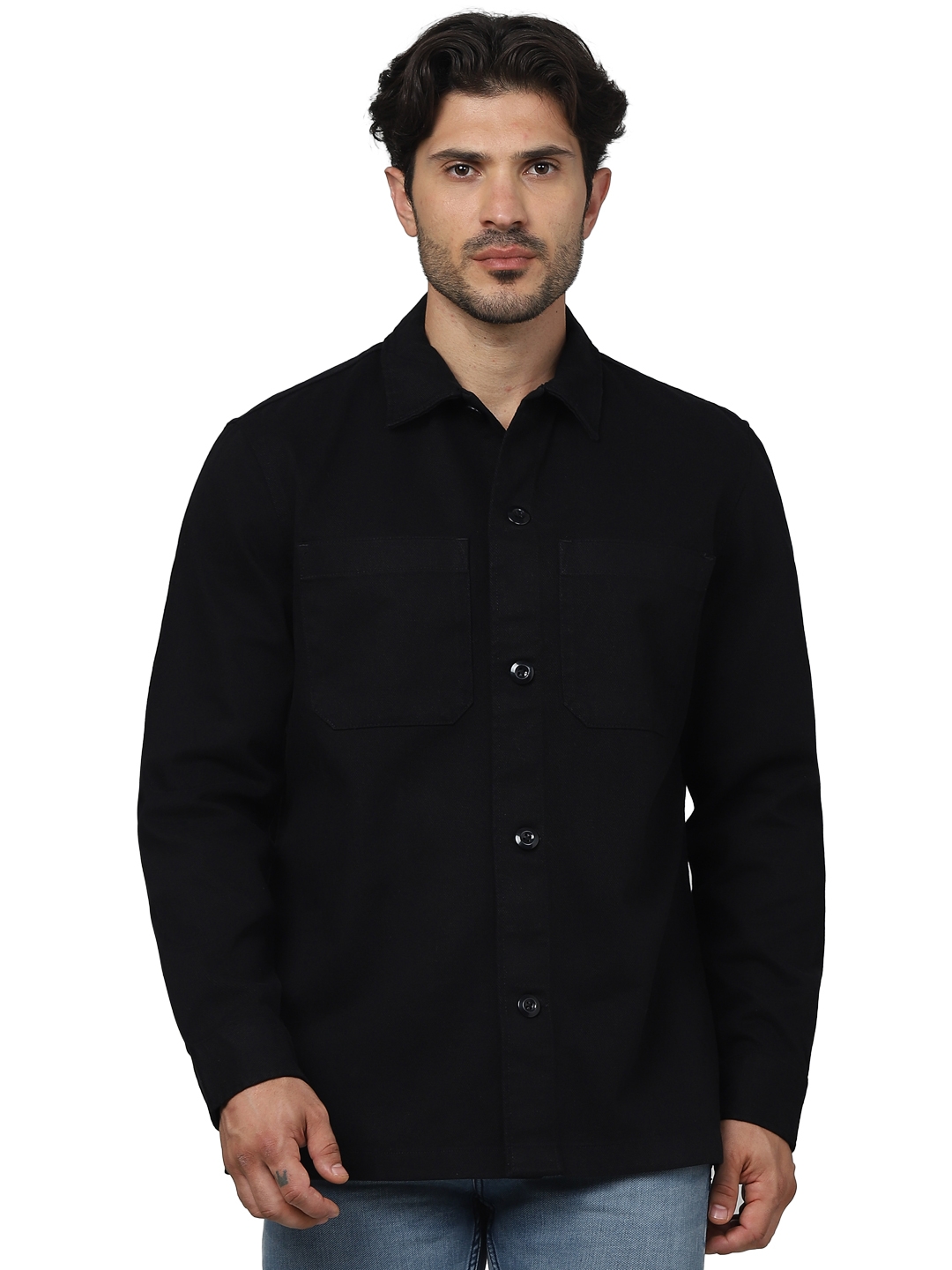 celio | Celio Men Black Solid Oversized Cotton Shirts