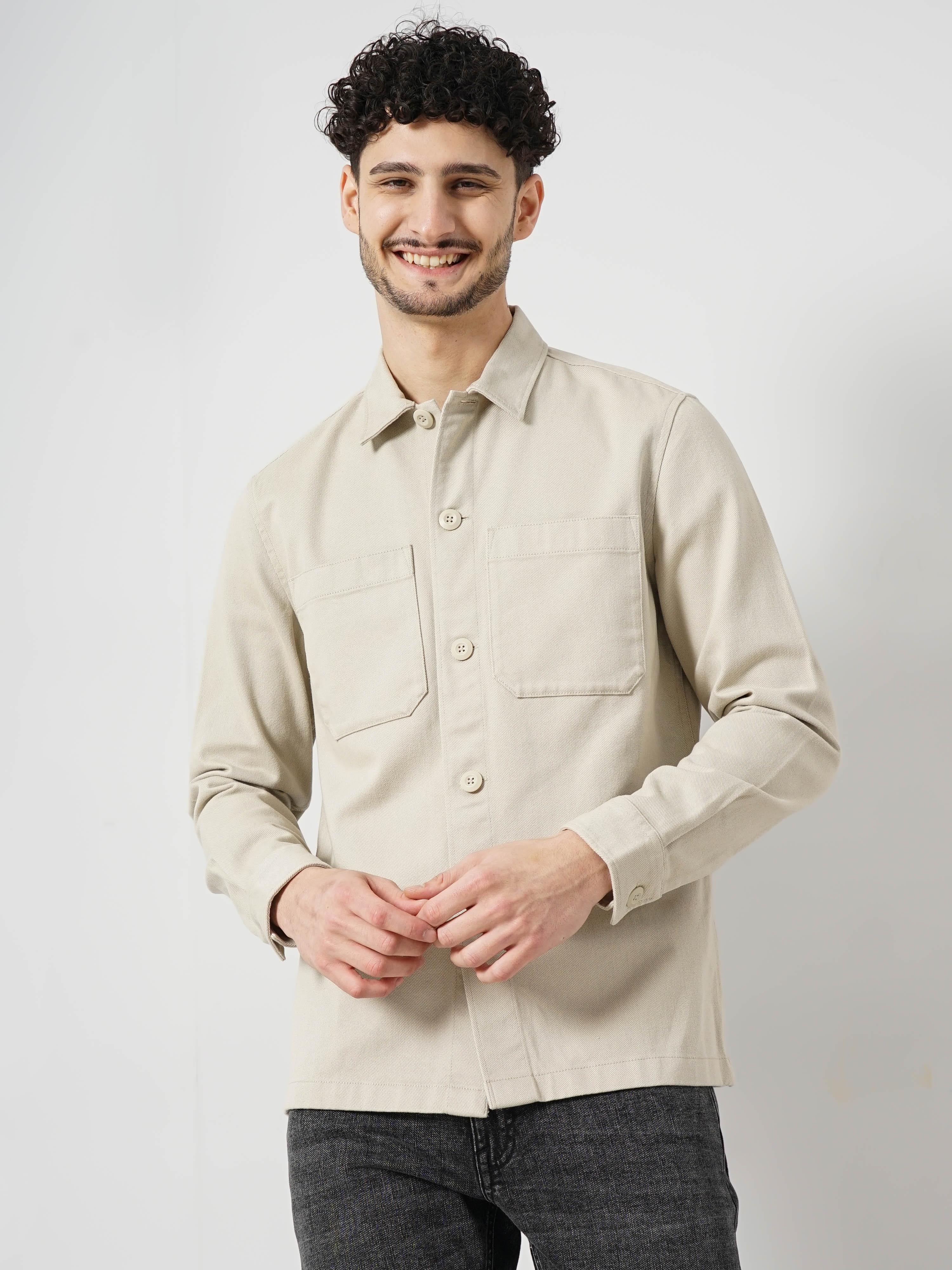 celio | Celio Men Beige Solid Oversized Cotton Casual Shirt