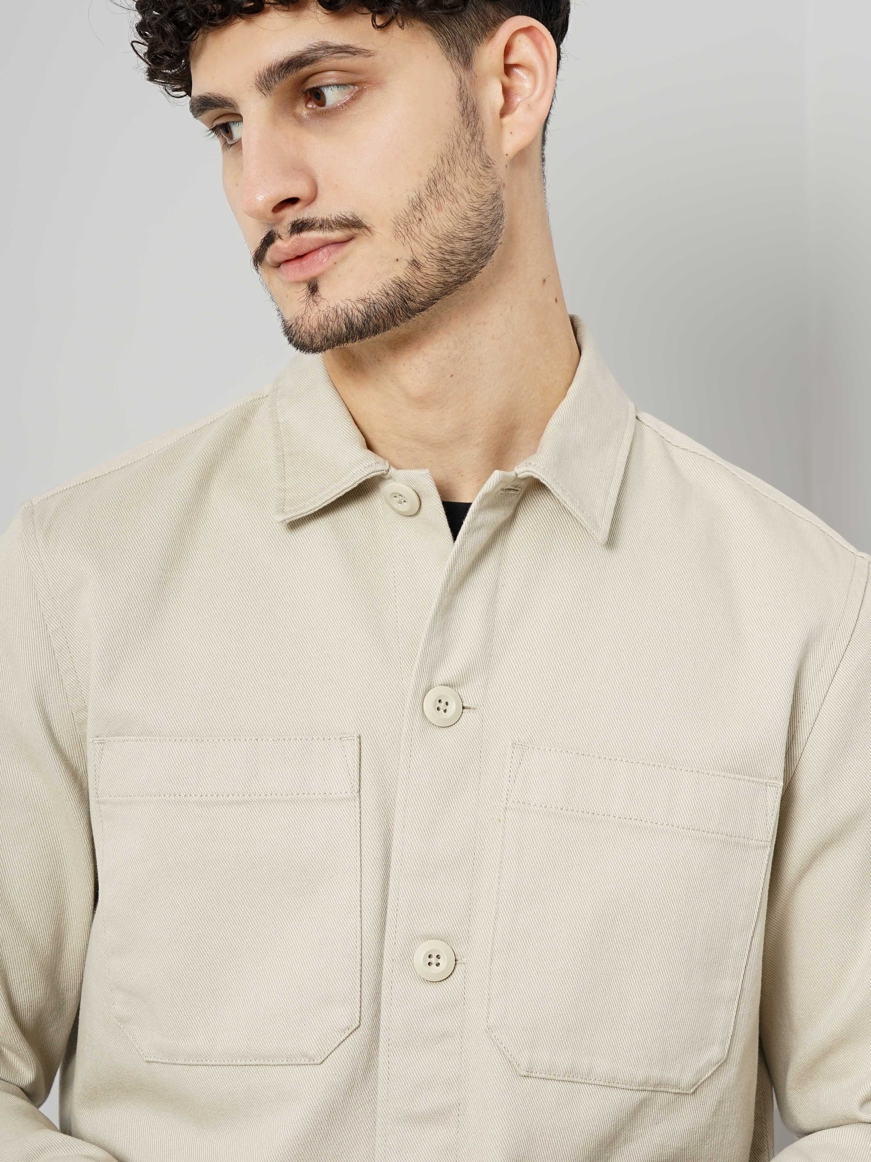 Celio Men Beige Solid Oversized Cotton Casual Shirt
