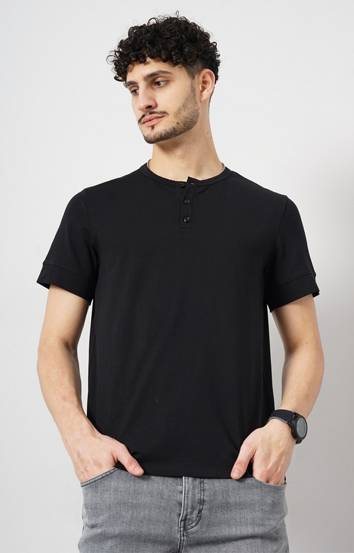 celio | Celio Men Black Solid Regular Fit Supima Cotton Henley Neck Tshirt