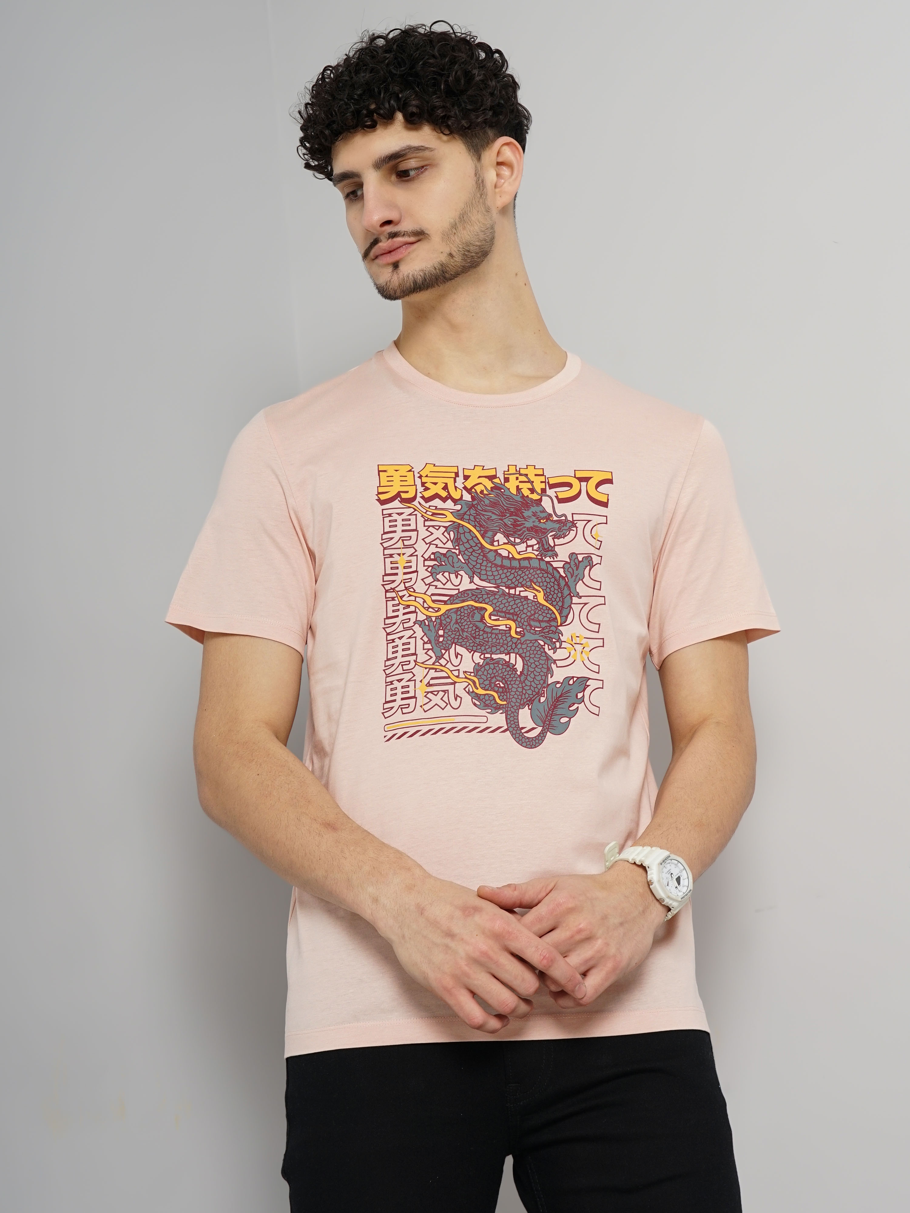 celio | Celio Men Pink Printed Regular Fit Cotton Graphic Tshirt