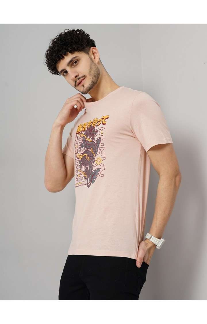 Celio Men Pink Printed Regular Fit Cotton Graphic Tshirt