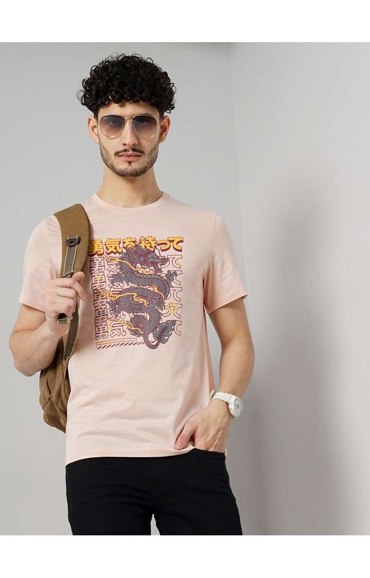 Celio Men Pink Printed Regular Fit Cotton Graphic Tshirt