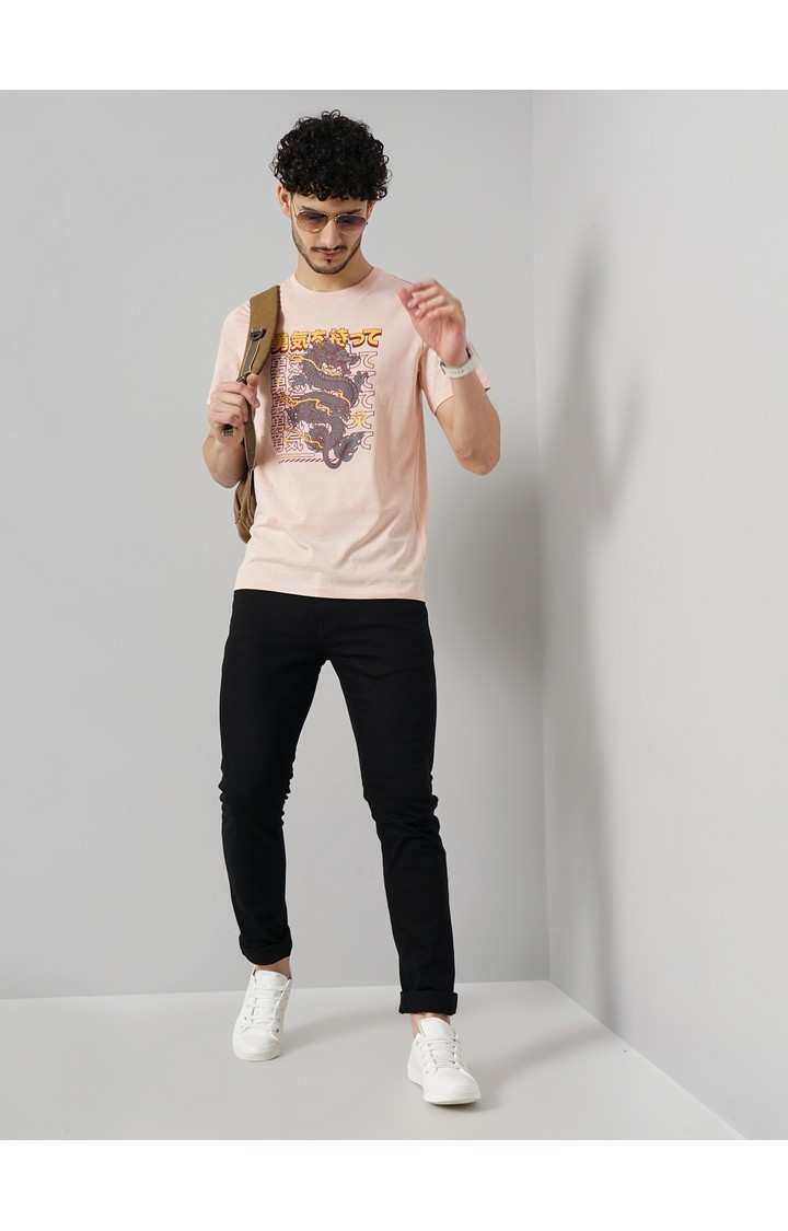Celio Men Pink Printed Regular Fit Cotton Graphic Tshirt