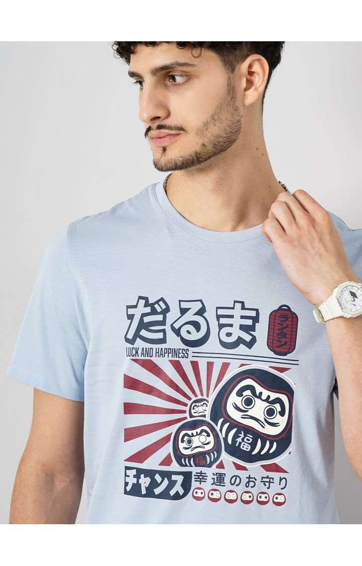 Celio Men Blue Printed Regular Fit Cotton Jersey Tshirt