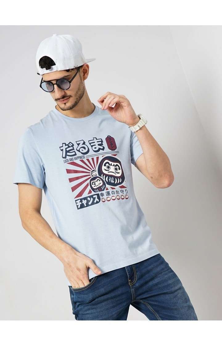 Celio Men Blue Printed Regular Fit Cotton Jersey Tshirt