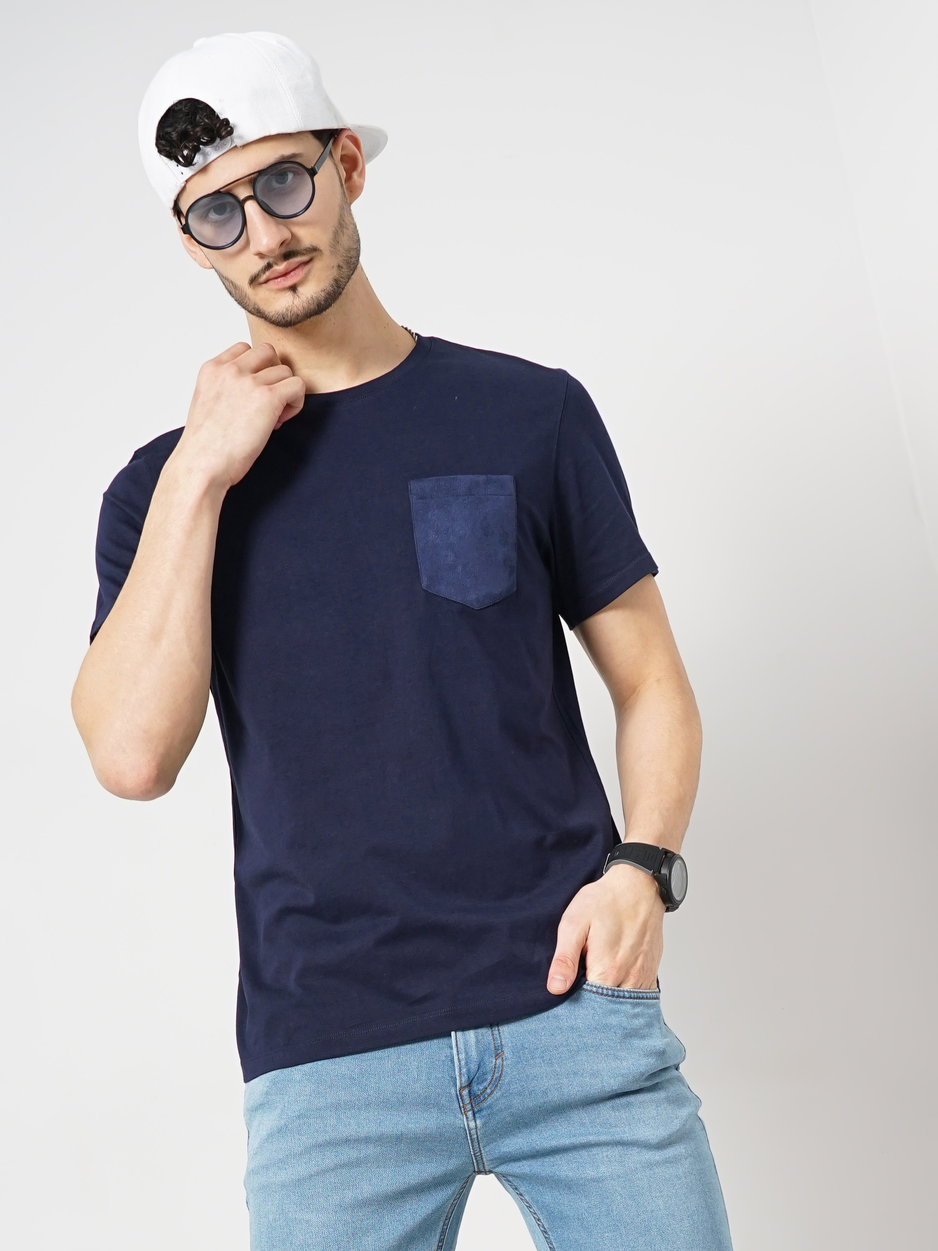 Celio Men Navy Blue Solid Regular Fit Fashion Cotton Jersey Tshirt
