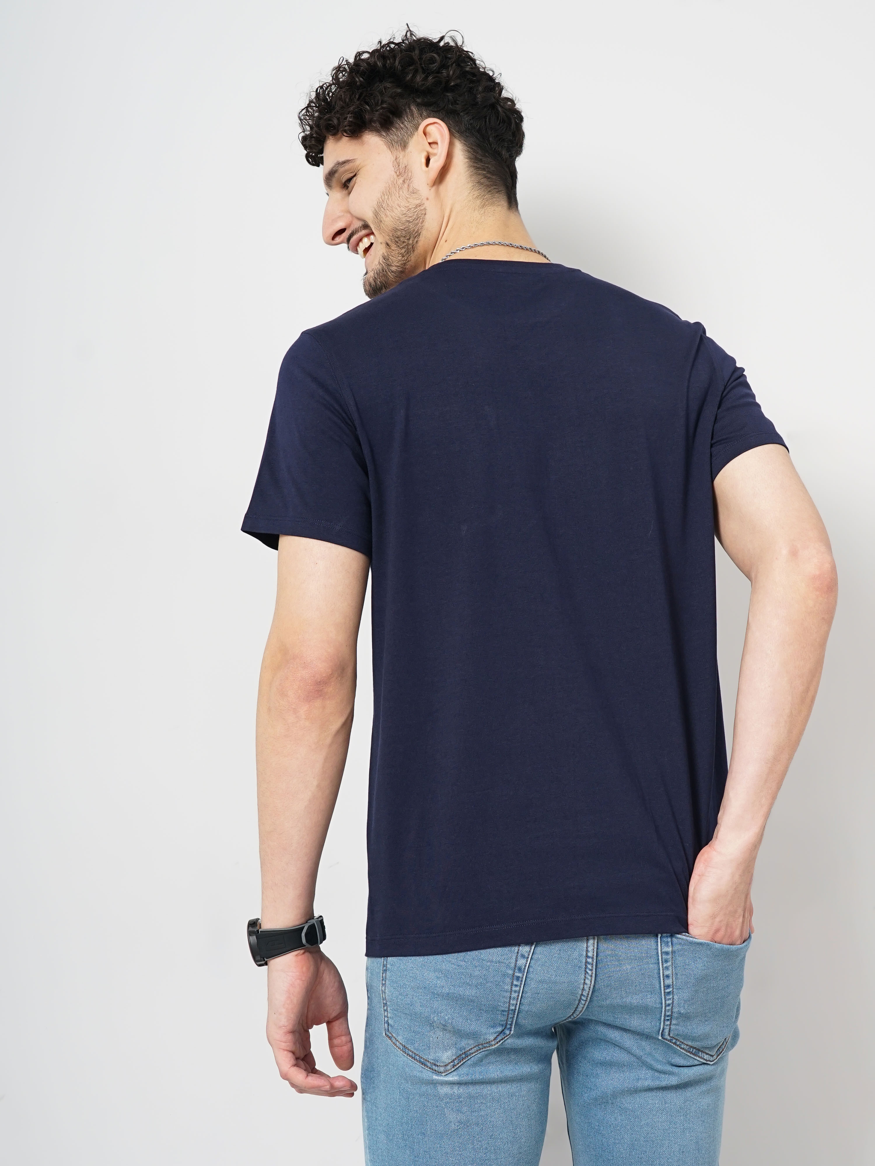 Celio Men Navy Blue Solid Regular Fit Fashion Cotton Jersey Tshirt