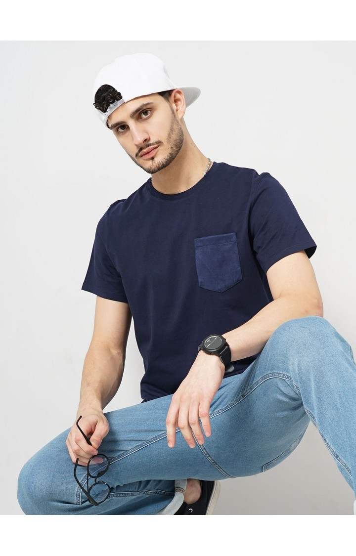 Celio Men Navy Blue Solid Regular Fit Fashion Cotton Jersey Tshirt