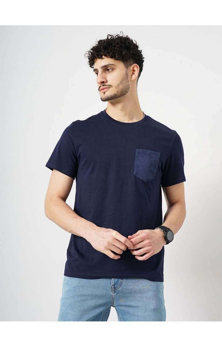 Celio Men Navy Blue Solid Regular Fit Fashion Cotton Jersey Tshirt