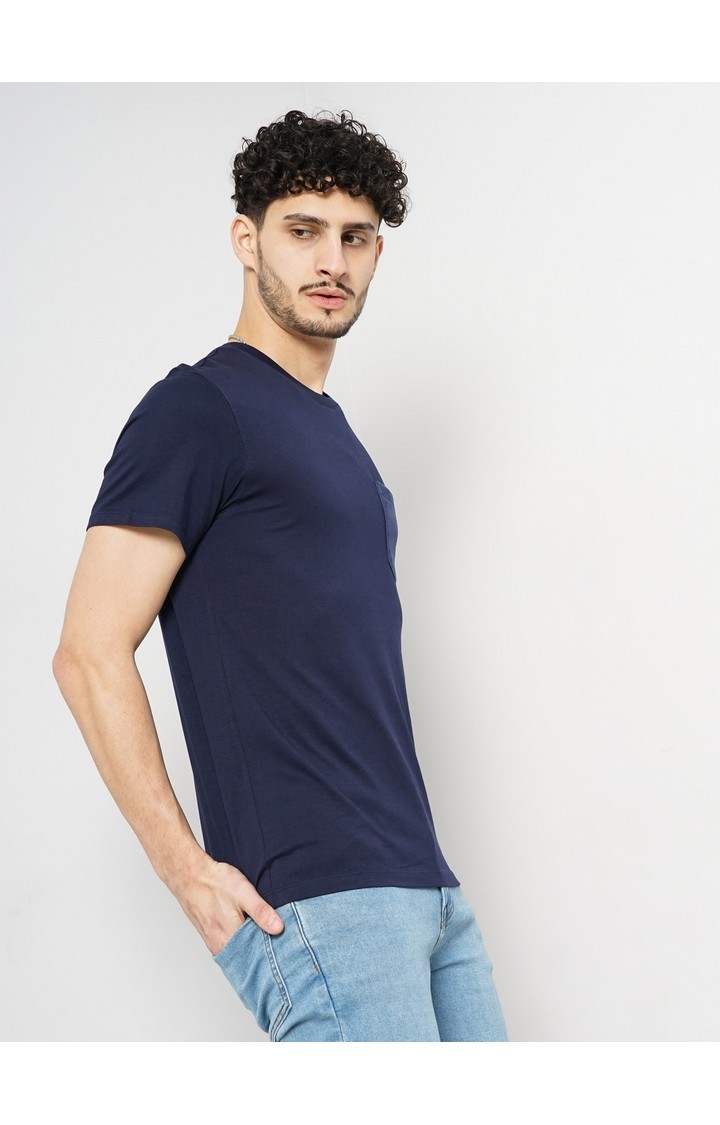 Celio Men Navy Blue Solid Regular Fit Fashion Cotton Jersey Tshirt