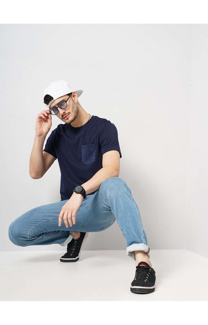 Celio Men Navy Blue Solid Regular Fit Fashion Cotton Jersey Tshirt