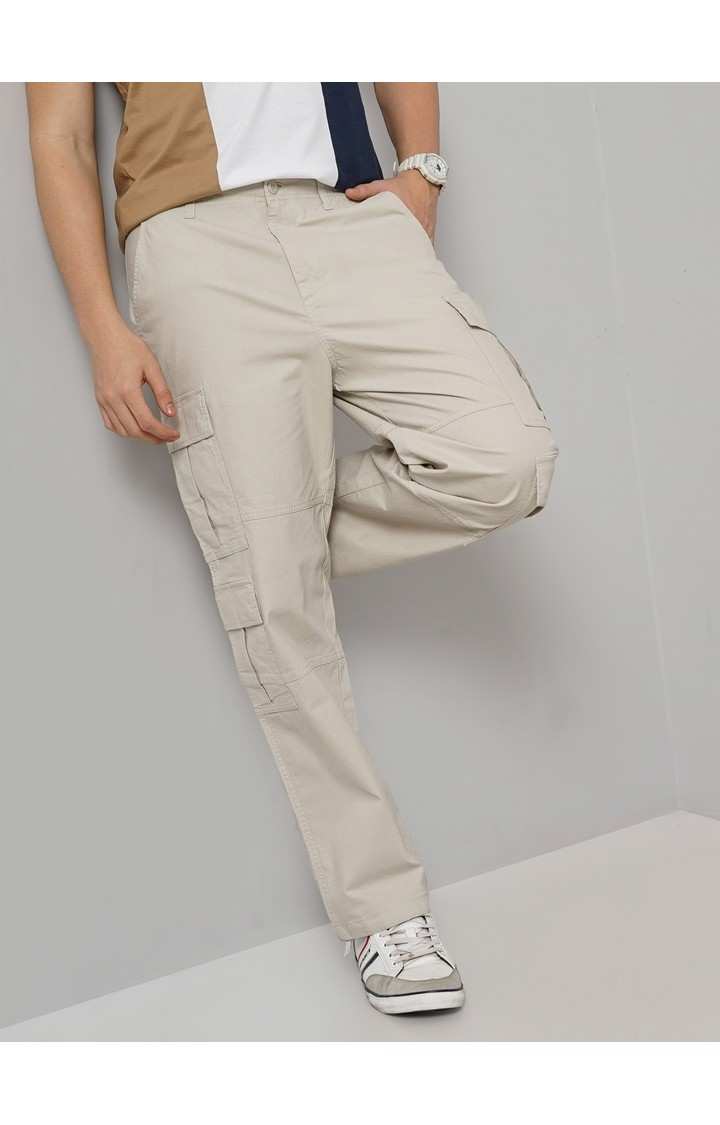 Celio Men Beige Solid Regular Fit Cotton Trousers