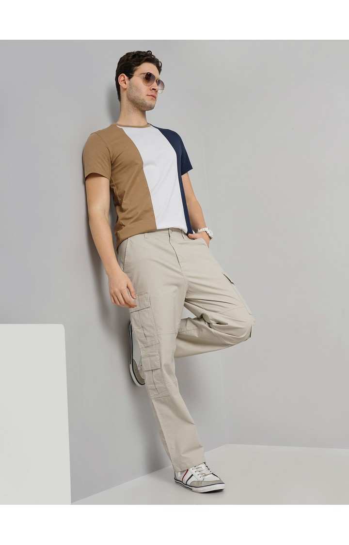 Celio Men Beige Solid Regular Fit Cotton Trousers
