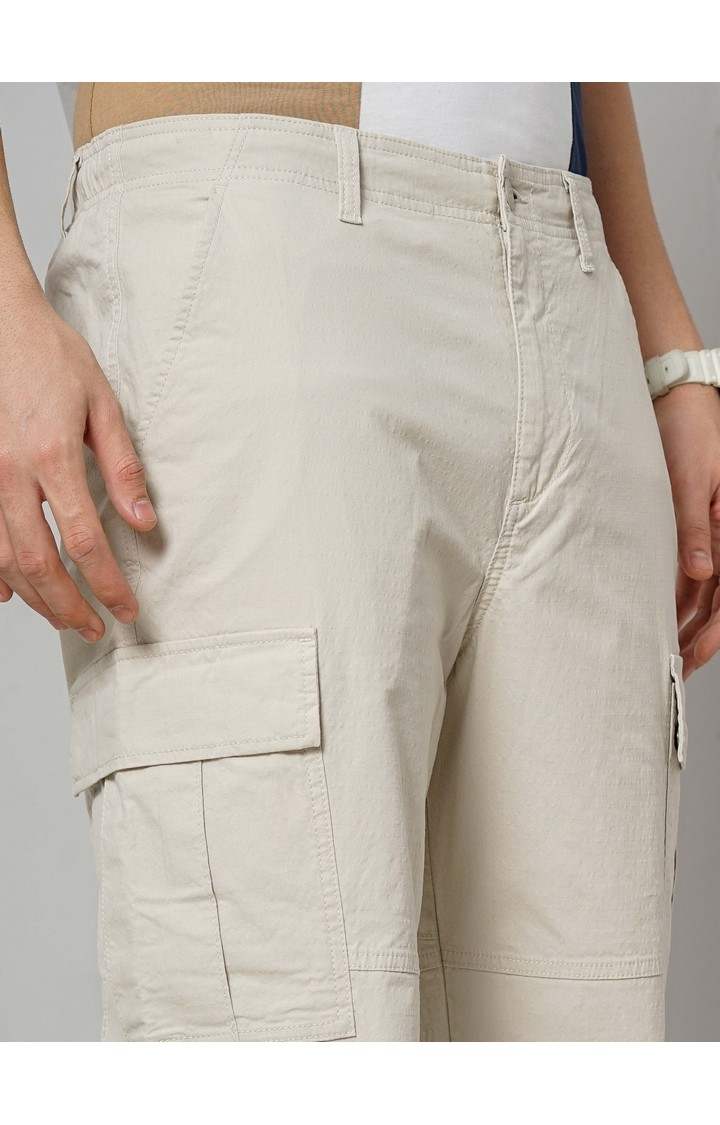 Celio Men Beige Solid Regular Fit Cotton Trousers