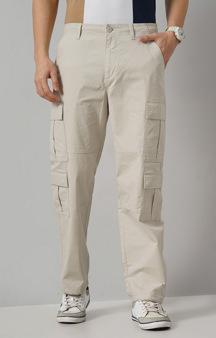 celio | Celio Men Beige Solid Regular Fit Cotton Trousers