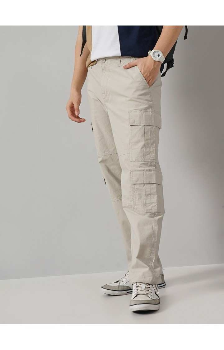 Celio Men Beige Solid Regular Fit Cotton Trousers