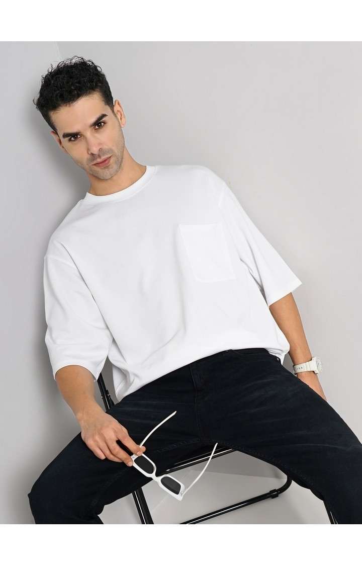 Celio Men Off White Solid Oversized Cotton Tshirts