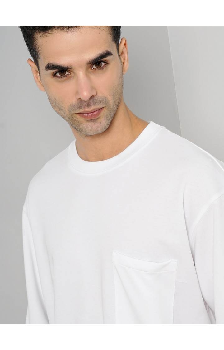 Celio Men Off White Solid Oversized Cotton Tshirts