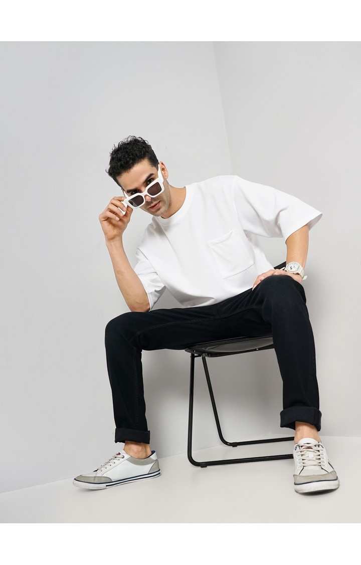 Celio Men Off White Solid Oversized Cotton Tshirts