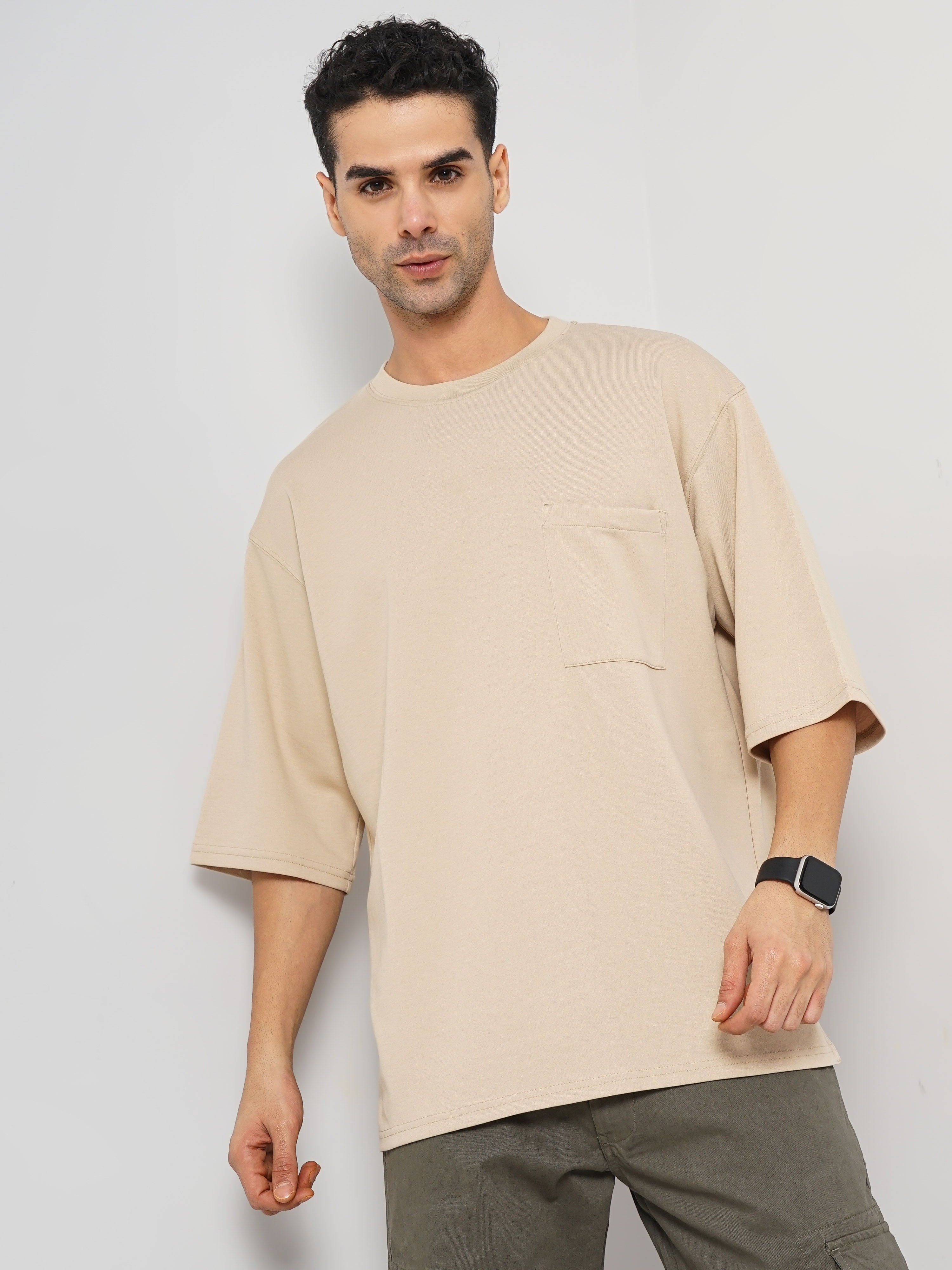 Celio Men Beige Solid Oversized Cotton Tshirt