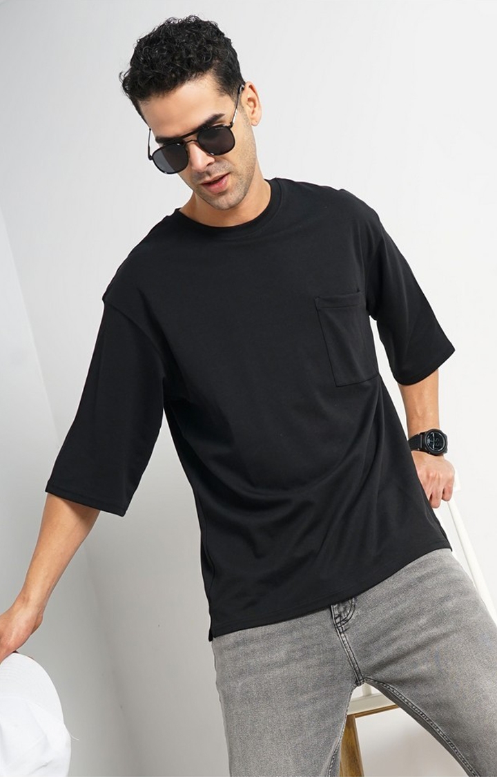 celio | Celio Men Black Solid Oversized Cotton Tshirts