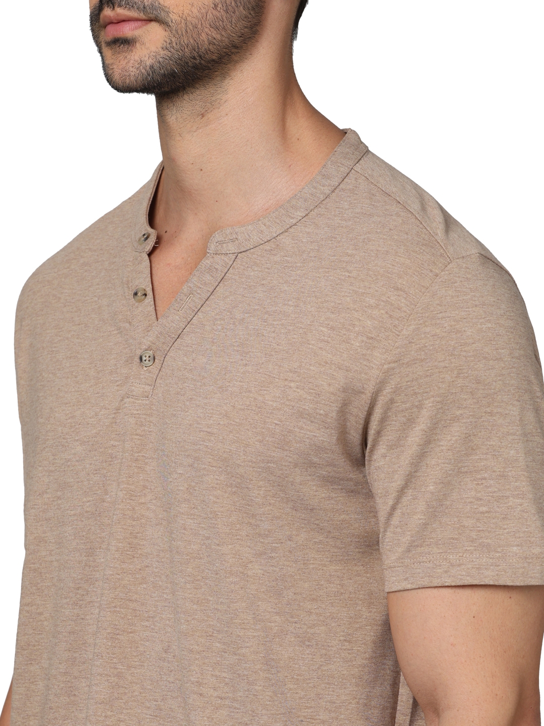 Celio Men Beige Solid Regular Fit Cotton Casual Tshirts