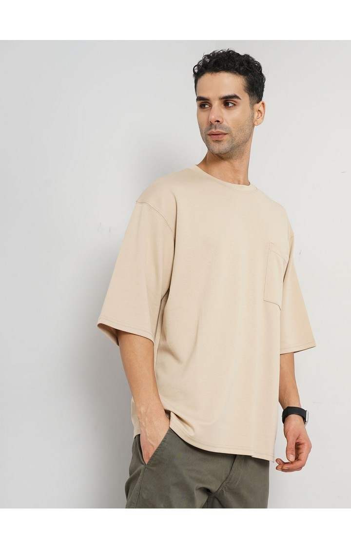 Celio Men Beige Solid Oversized Cotton Tshirt