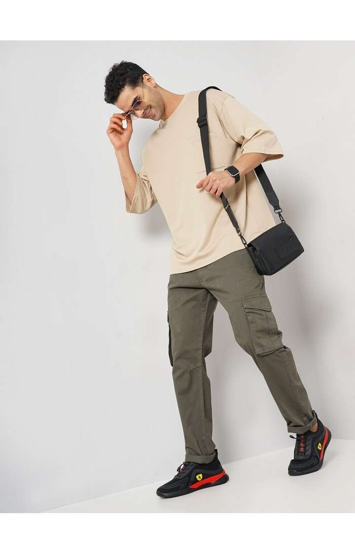 Celio Men Beige Solid Oversized Cotton Tshirt