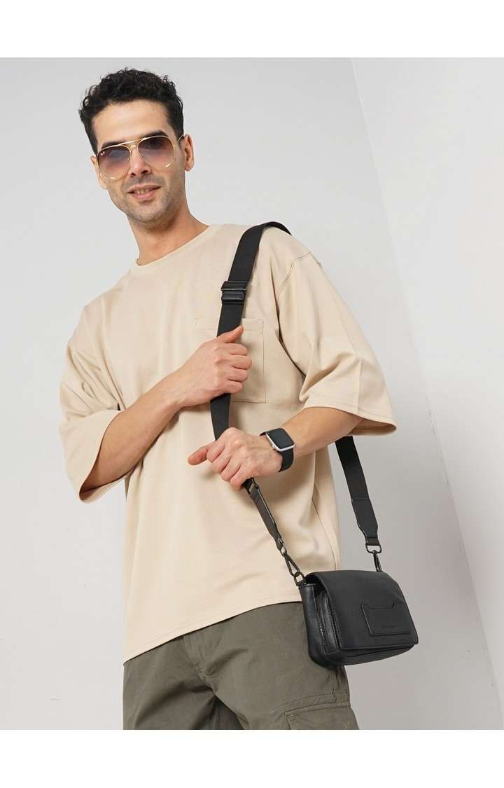 Celio Men Beige Solid Oversized Cotton Tshirt