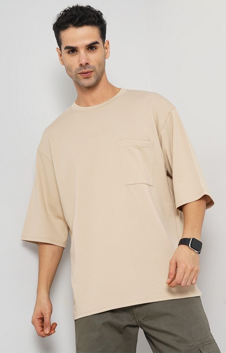 celio | Celio Men Beige Solid Oversized Cotton Tshirt