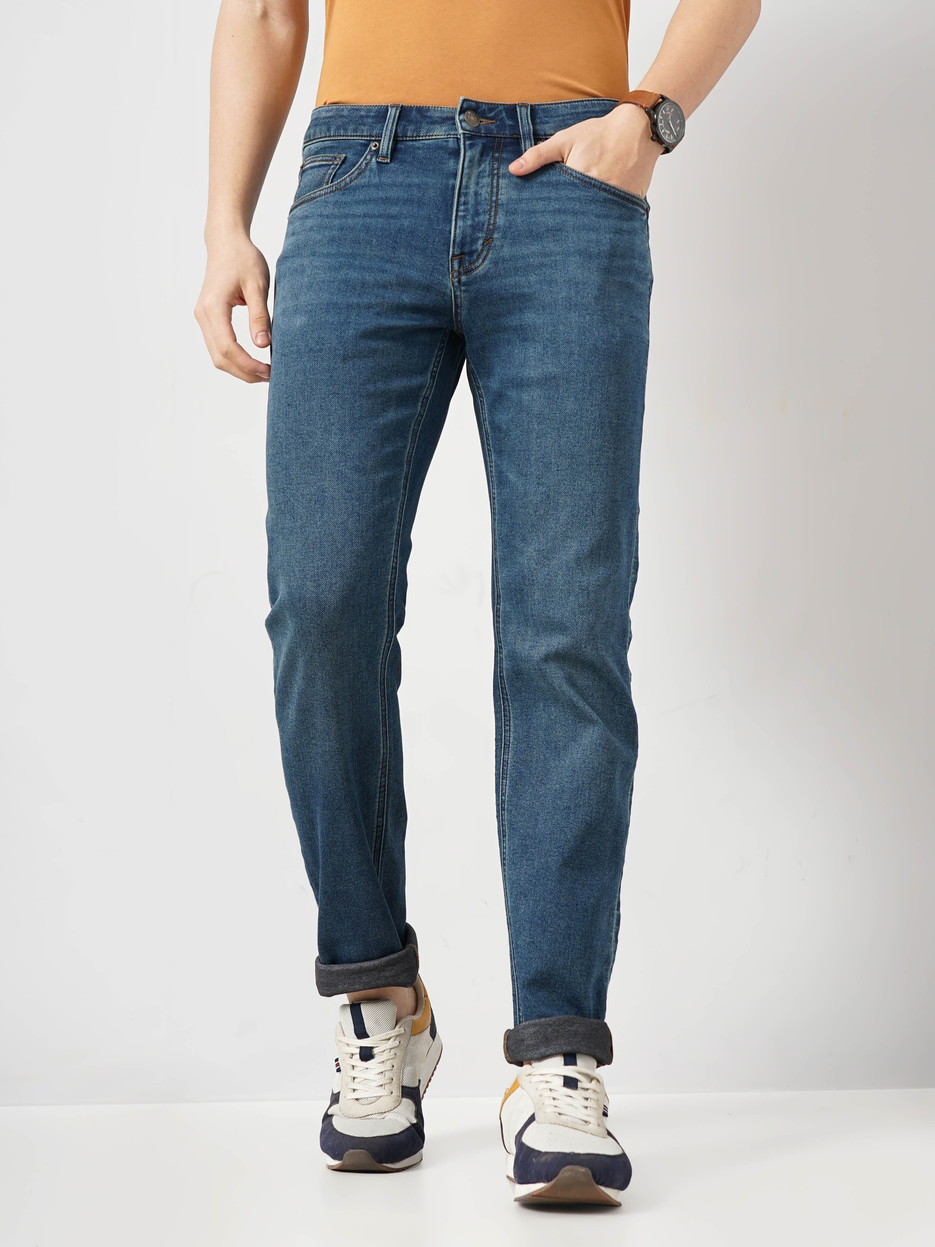 celio | Celio Men Blue Solid Straight Fit Cotton Knitted Dobby Jeans