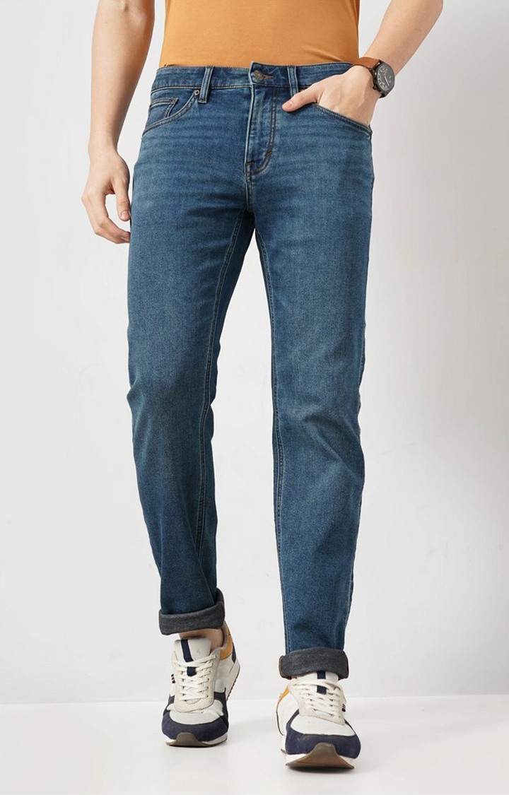 Celio Men Blue Solid Straight Fit Cotton Knitted Dobby Jeans