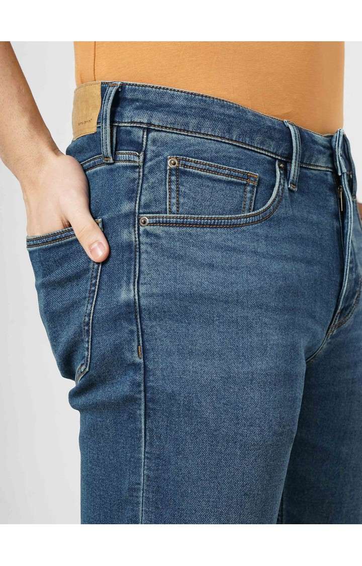 Celio Men Blue Solid Straight Fit Cotton Knitted Dobby Jeans