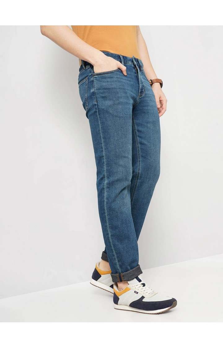 Celio Men Blue Solid Straight Fit Cotton Knitted Dobby Jeans