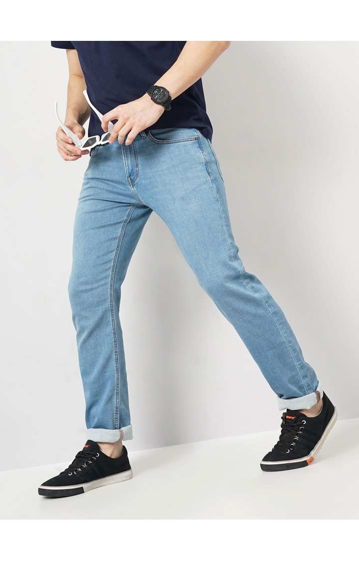 Celio Men Blue Solid Straight Fit Cotton Knitted Dobby Jeans