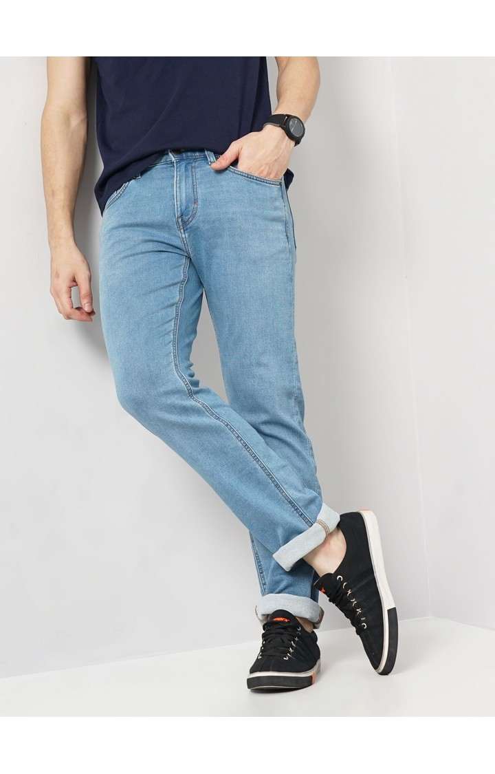 Celio Men Blue Solid Straight Fit Cotton Knitted Dobby Jeans