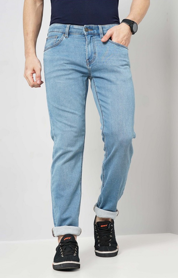Celio Men Blue Solid Straight Fit Cotton Knitted Dobby Jeans