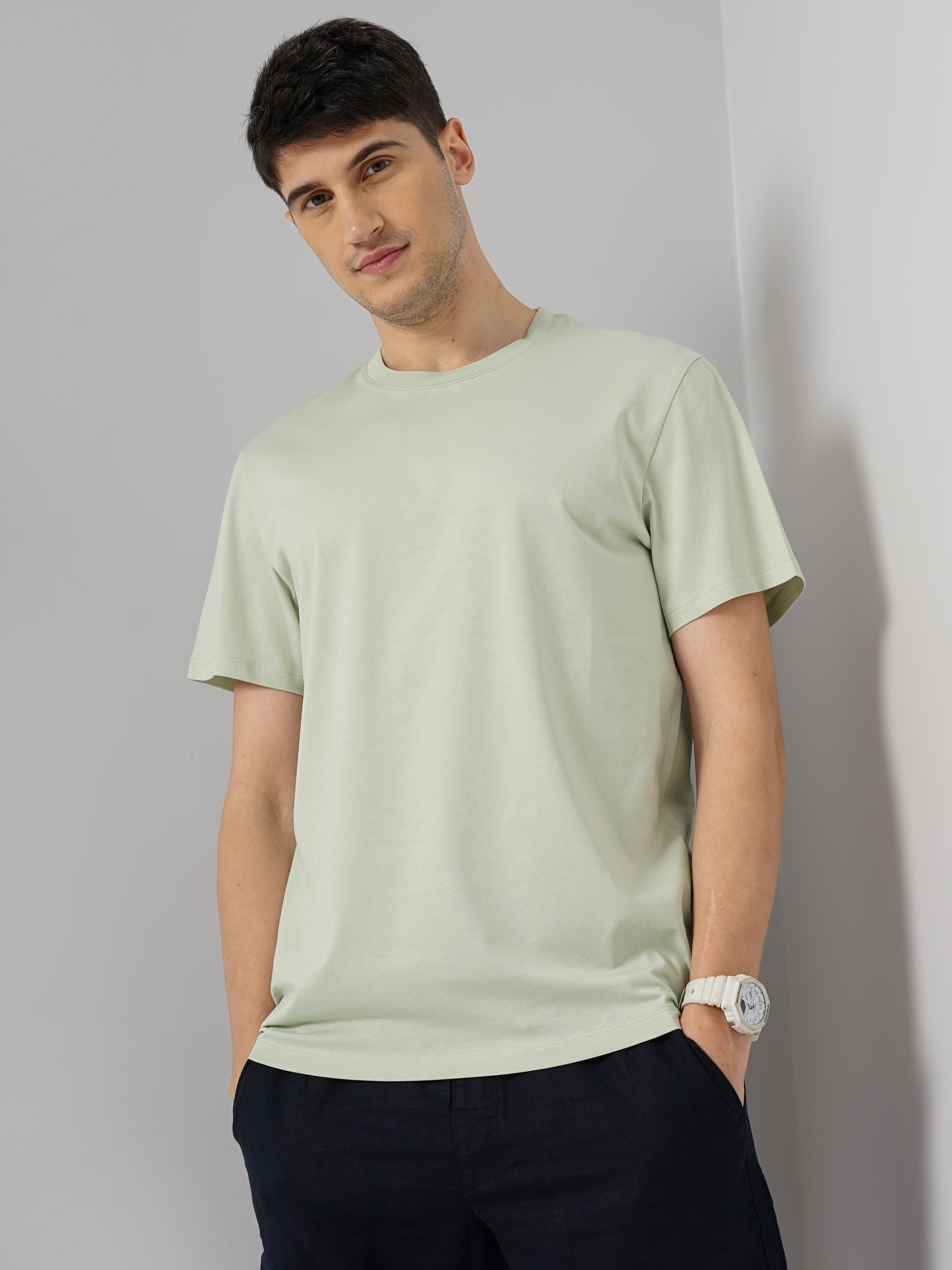 celio | Celio Men Green Solid Regular Fit Cotton T-Shirt