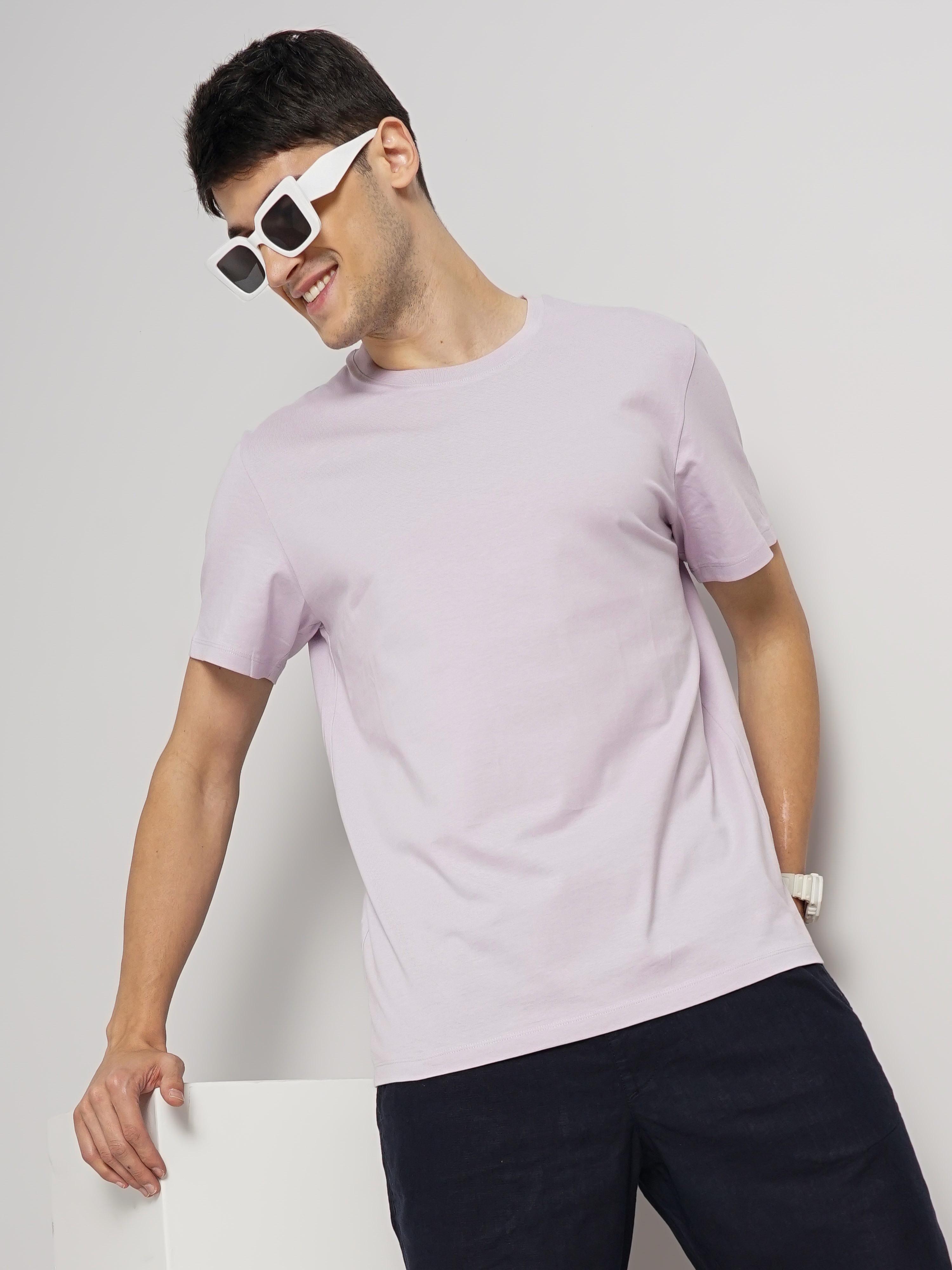 Celio Men Purple Solid Regular Fit Cotton T-Shirt